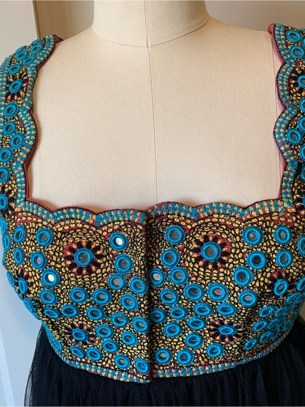 Free People Mirrored Turquoise & Gold Embroidered Dress with Black Net Skirt